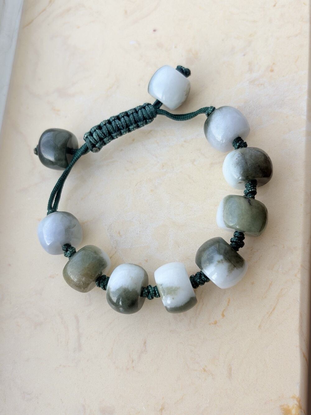 Vintage Chinese Export Strong Adjustable White Green Jade Barrel Beads Bracelet
